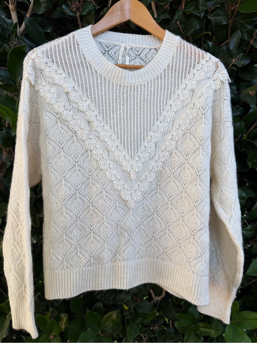 Anthropologie Cream Lace-Trim Knit Sweater - Women
